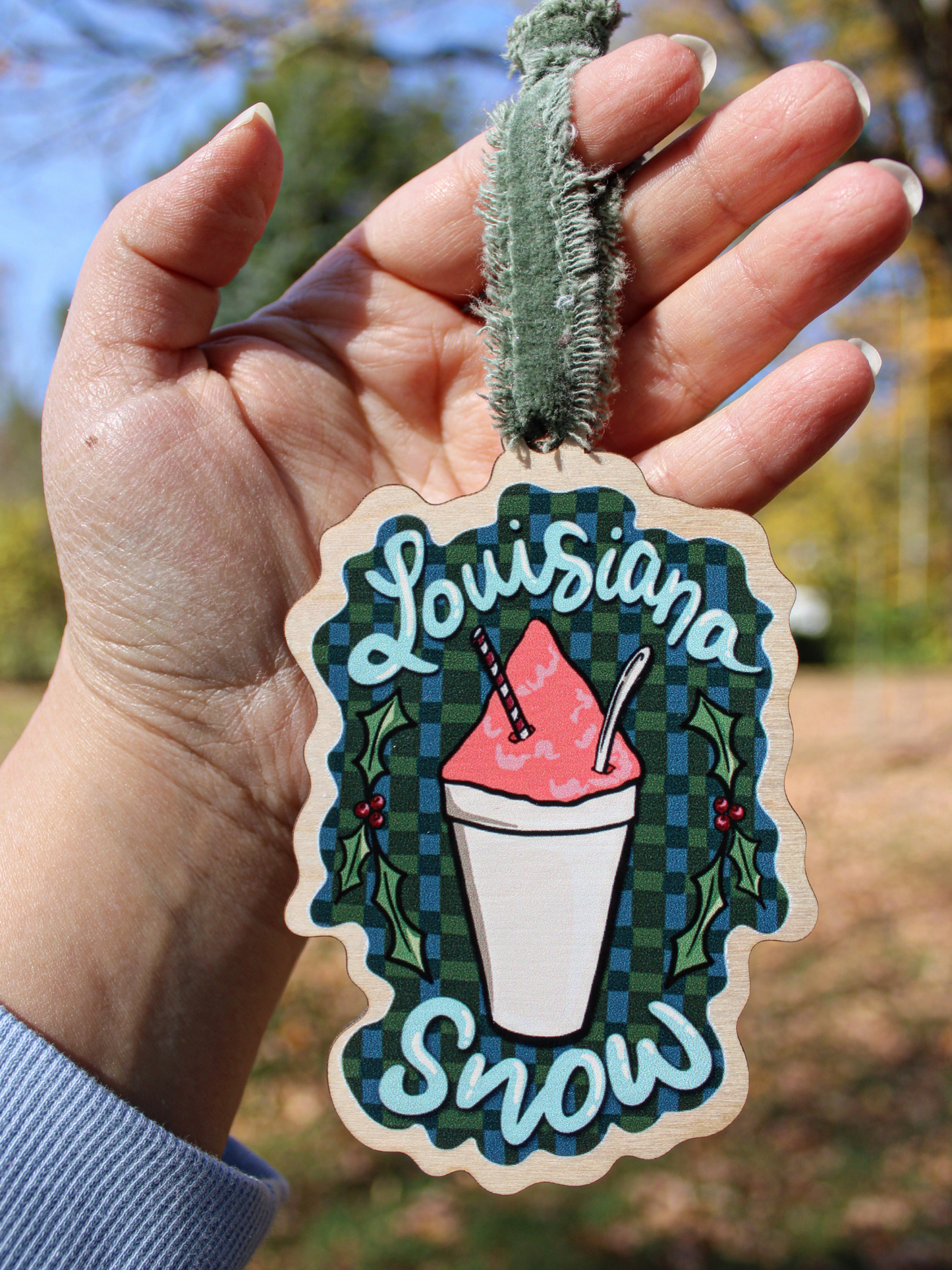 Peach Louisiana Snowball Wood Christmas Ornament