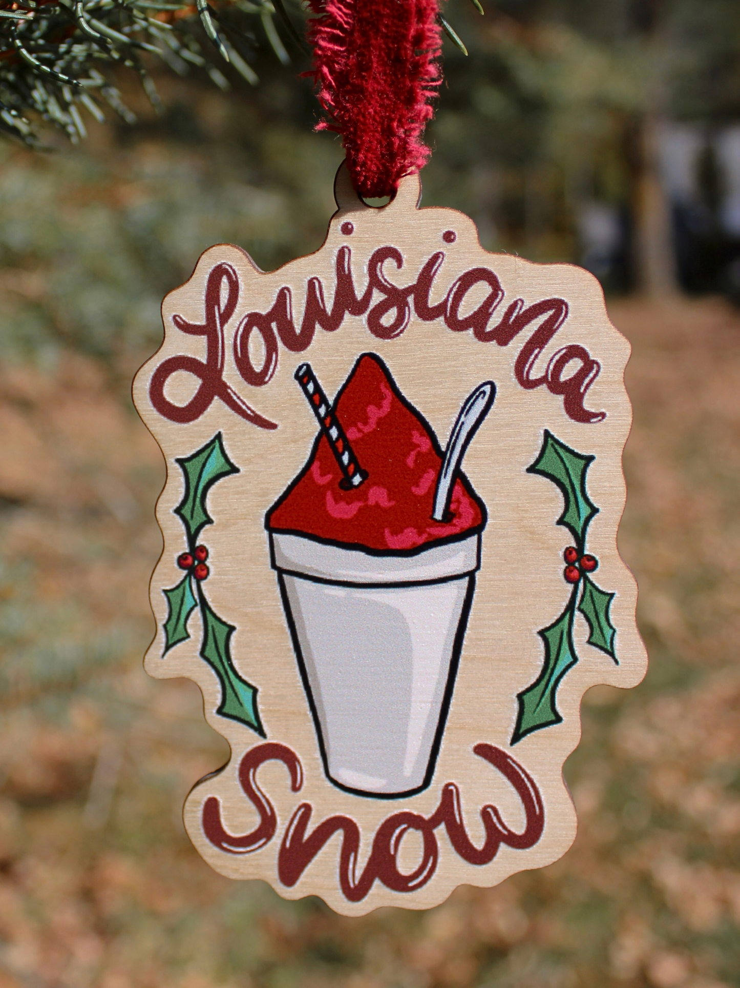 Louisiana Red Snowball Wood Christmas Ornament